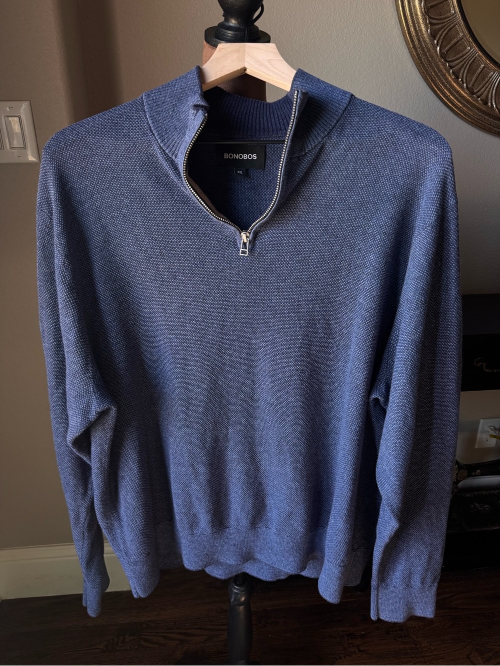 Bonobos Cotton Cashmere Quarter Zip Sweater XXL Blue Textured Mock Neck